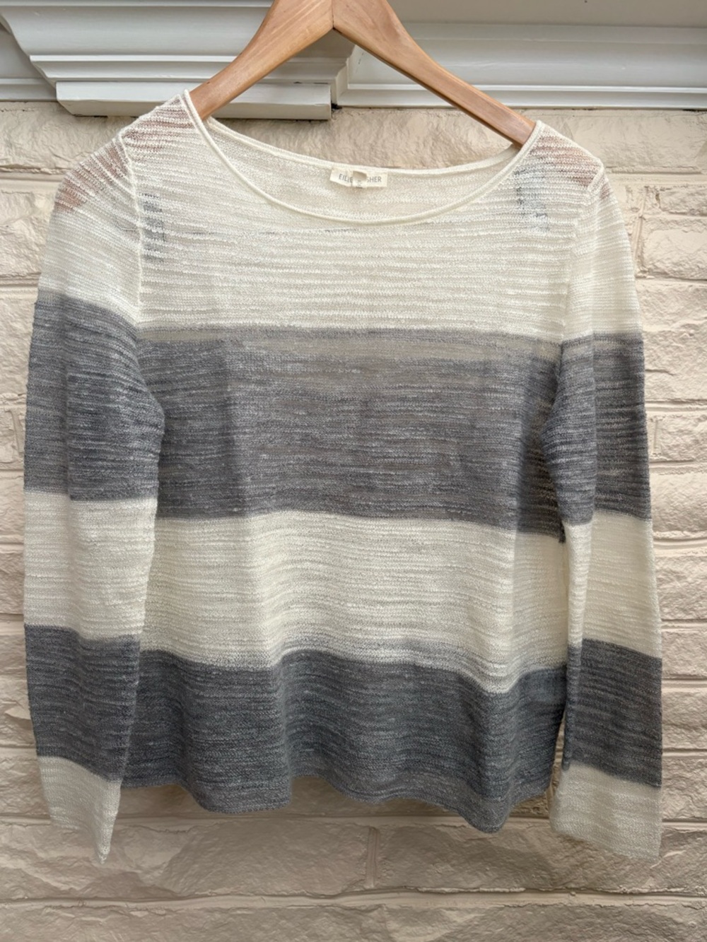 Eileen Fisher Striped Linen Blend Gauzy Sweater - Cream Grey - Oversized XS